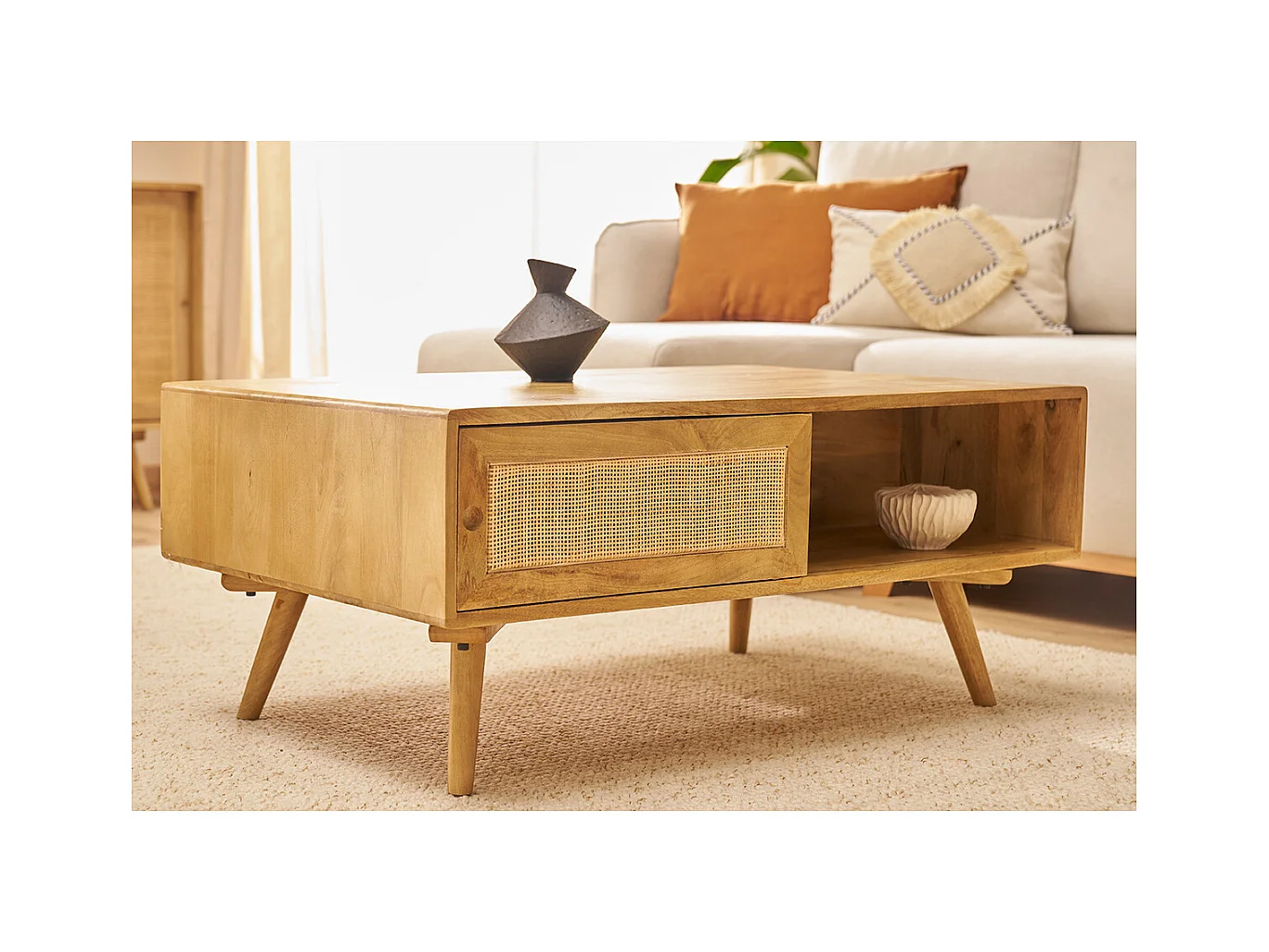 Rechteckiger Couchtisch mit Stauraum aus massivem Mangoholz und Rattangeflecht B100 cm ACANGE