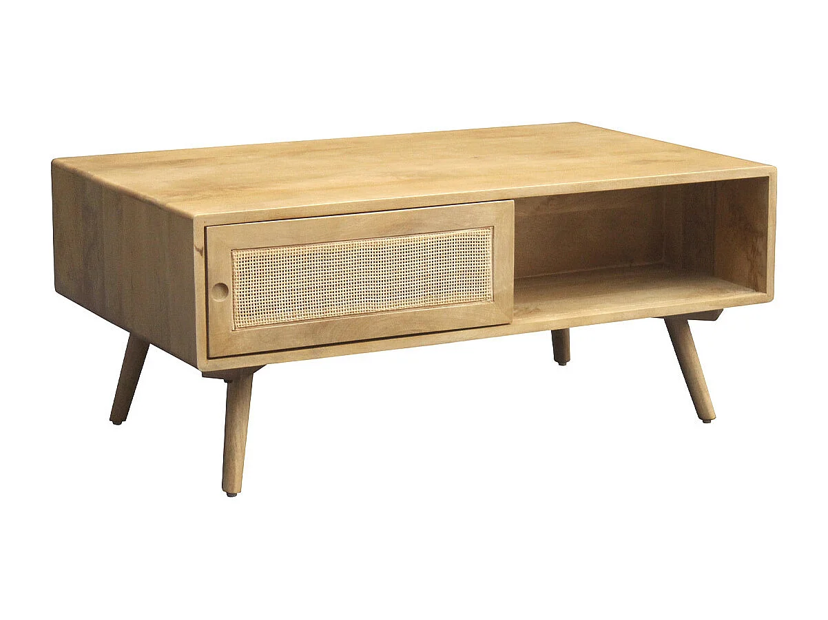 Rechteckiger Couchtisch mit Stauraum aus massivem Mangoholz und Rattangeflecht B100 cm ACANGE