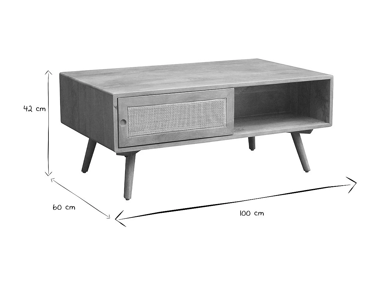 Rechteckiger Couchtisch mit Stauraum aus massivem Mangoholz und Rattangeflecht B100 cm ACANGE