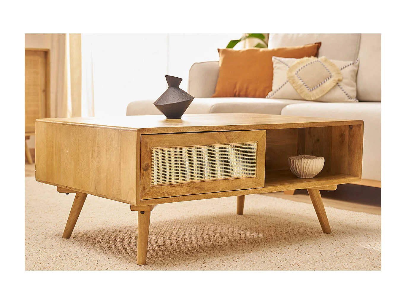 Mesa de centro rectangular con almacenaje de madera maciza de mango y caña de ratán 100 cm ACANGE