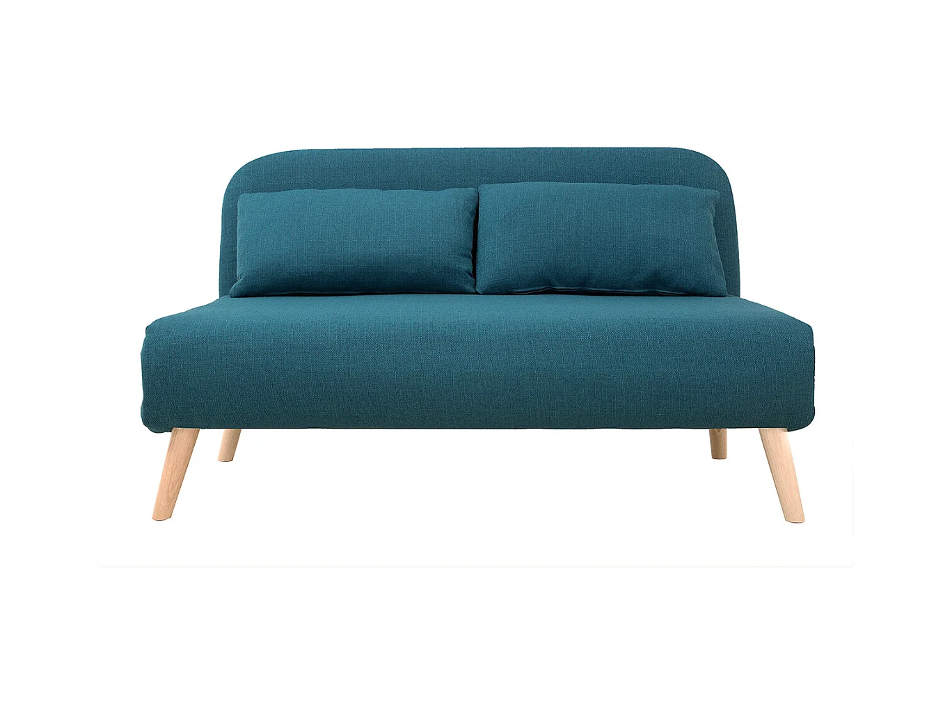 Chauffeuse 2 places convertible en tissu bleu canard et bois clair AMIKO