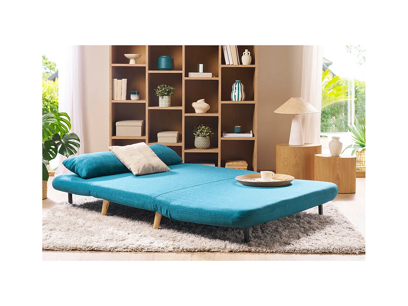 Chauffeuse 2 places convertible en tissu bleu canard et bois clair AMIKO