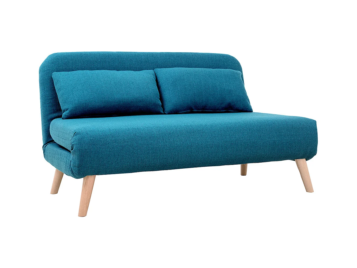 Chauffeuse 2 places convertible en tissu bleu canard et bois clair AMIKO