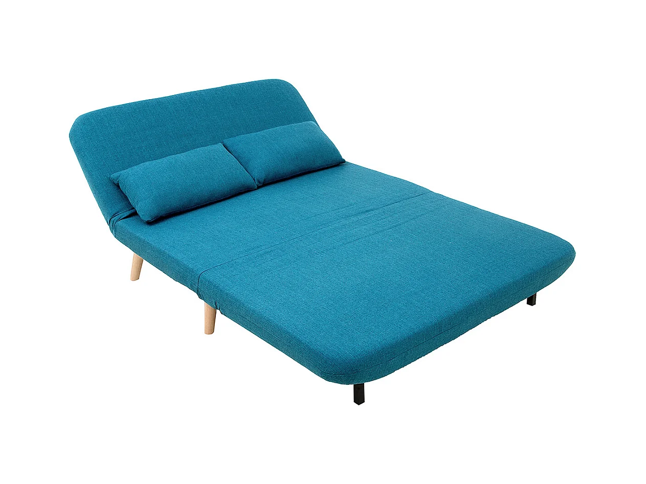 Chauffeuse 2 places convertible en tissu bleu canard et bois clair AMIKO