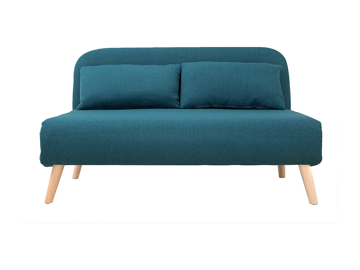 Chauffeuse 2 places convertible en tissu bleu canard et bois clair AMIKO