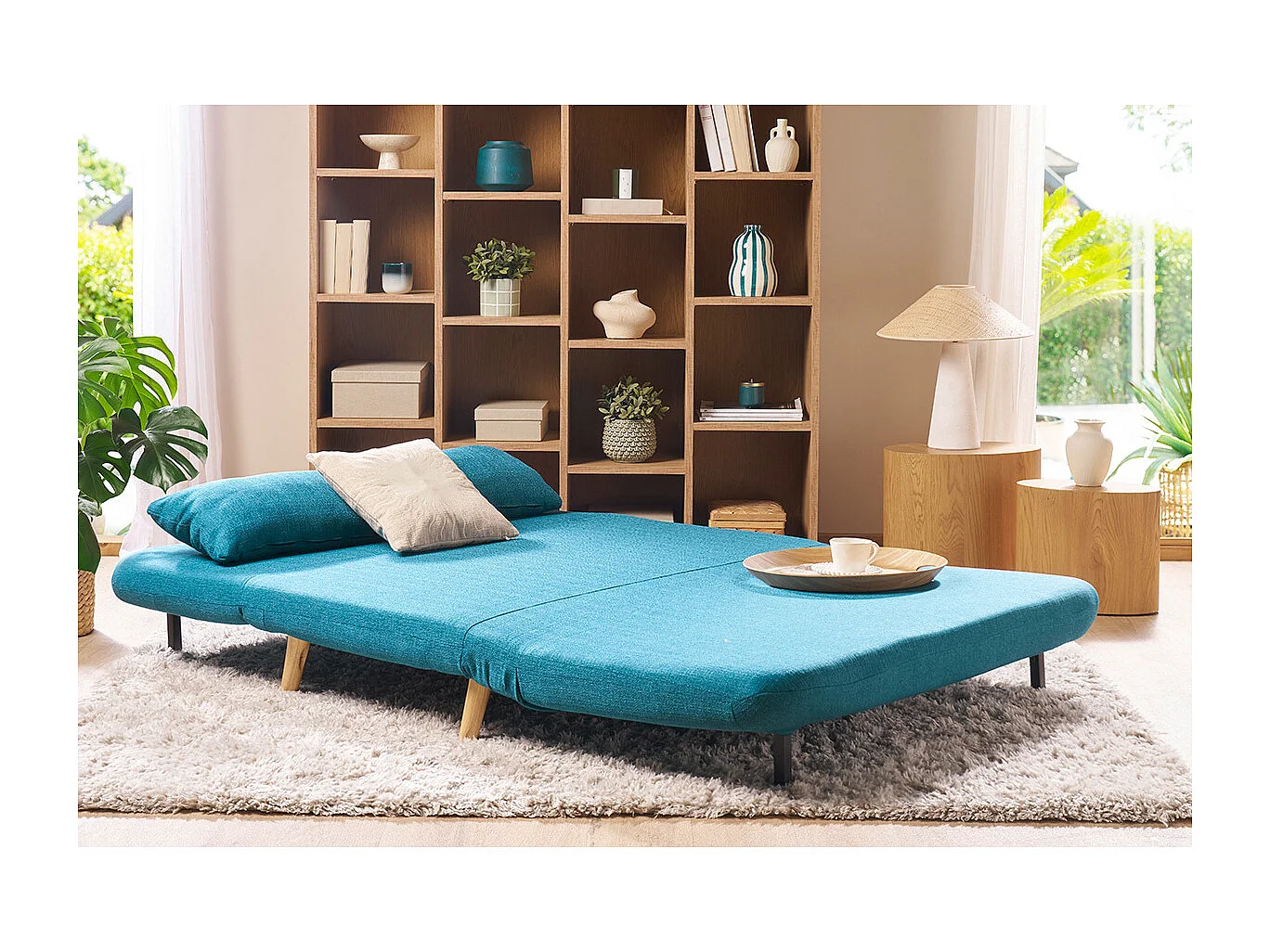 Chauffeuse 2 places convertible en tissu bleu canard et bois clair AMIKO