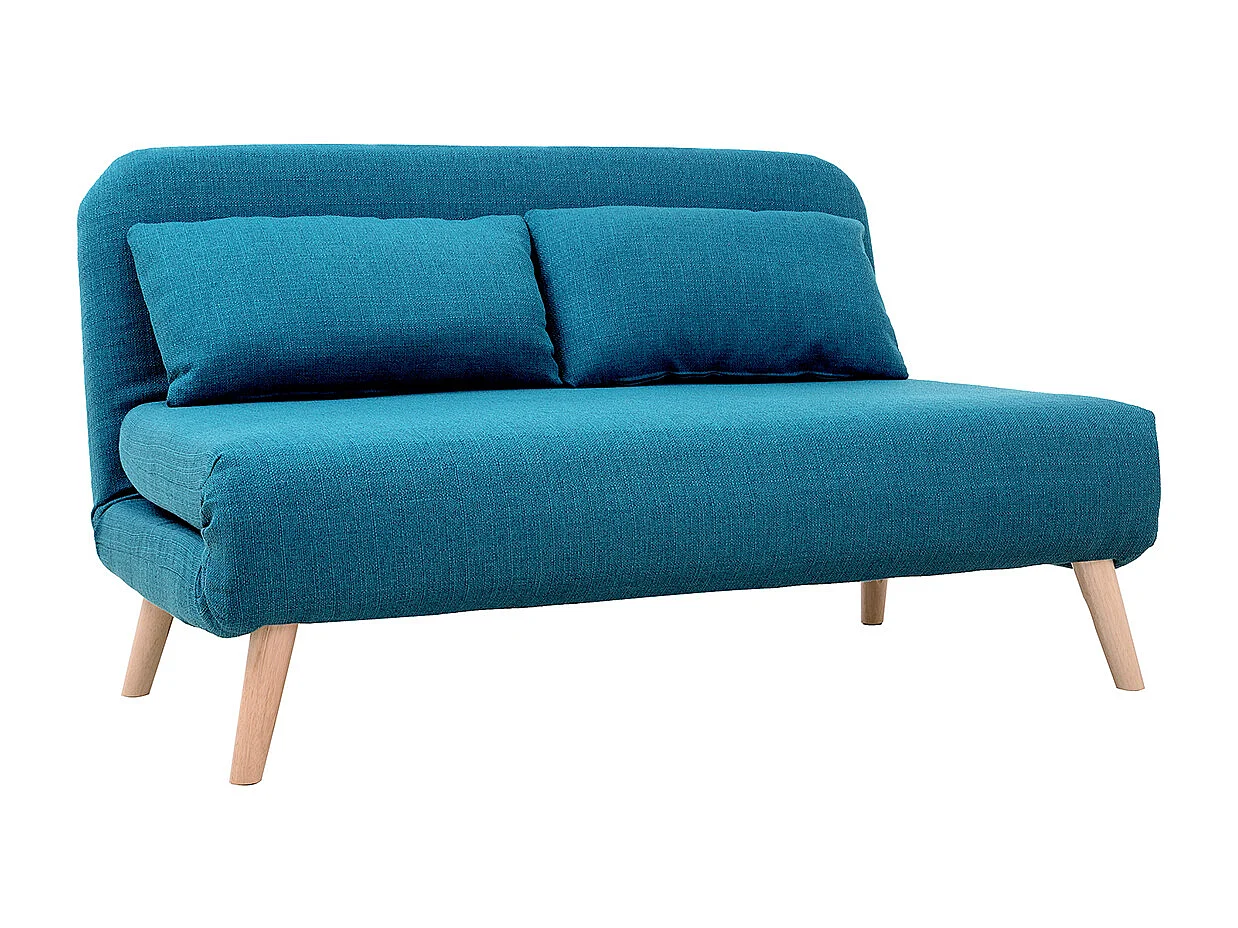 Chauffeuse 2 places convertible en tissu bleu canard et bois clair AMIKO