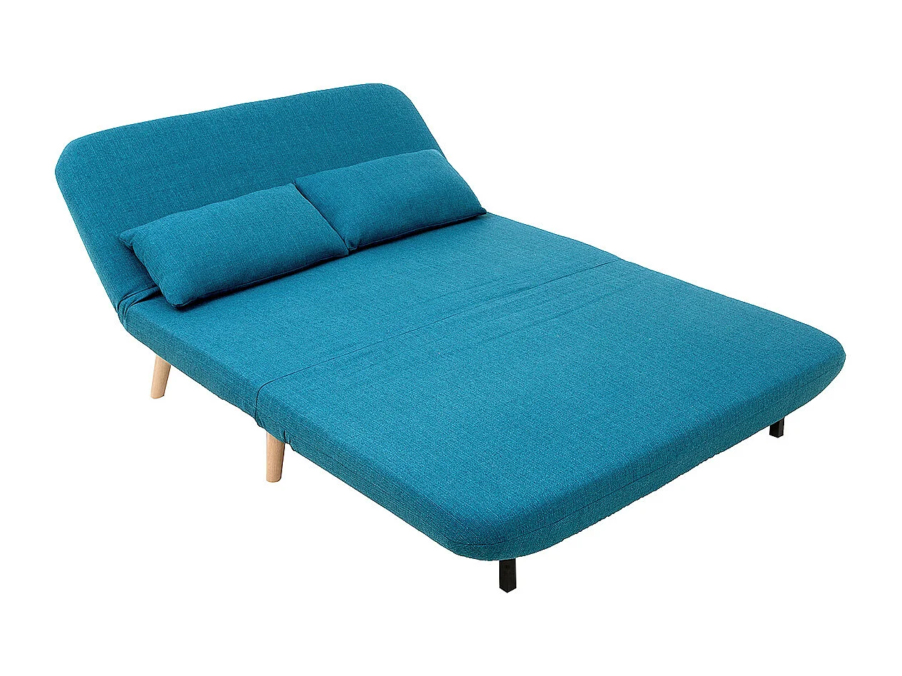 Chauffeuse 2 places convertible en tissu bleu canard et bois clair AMIKO