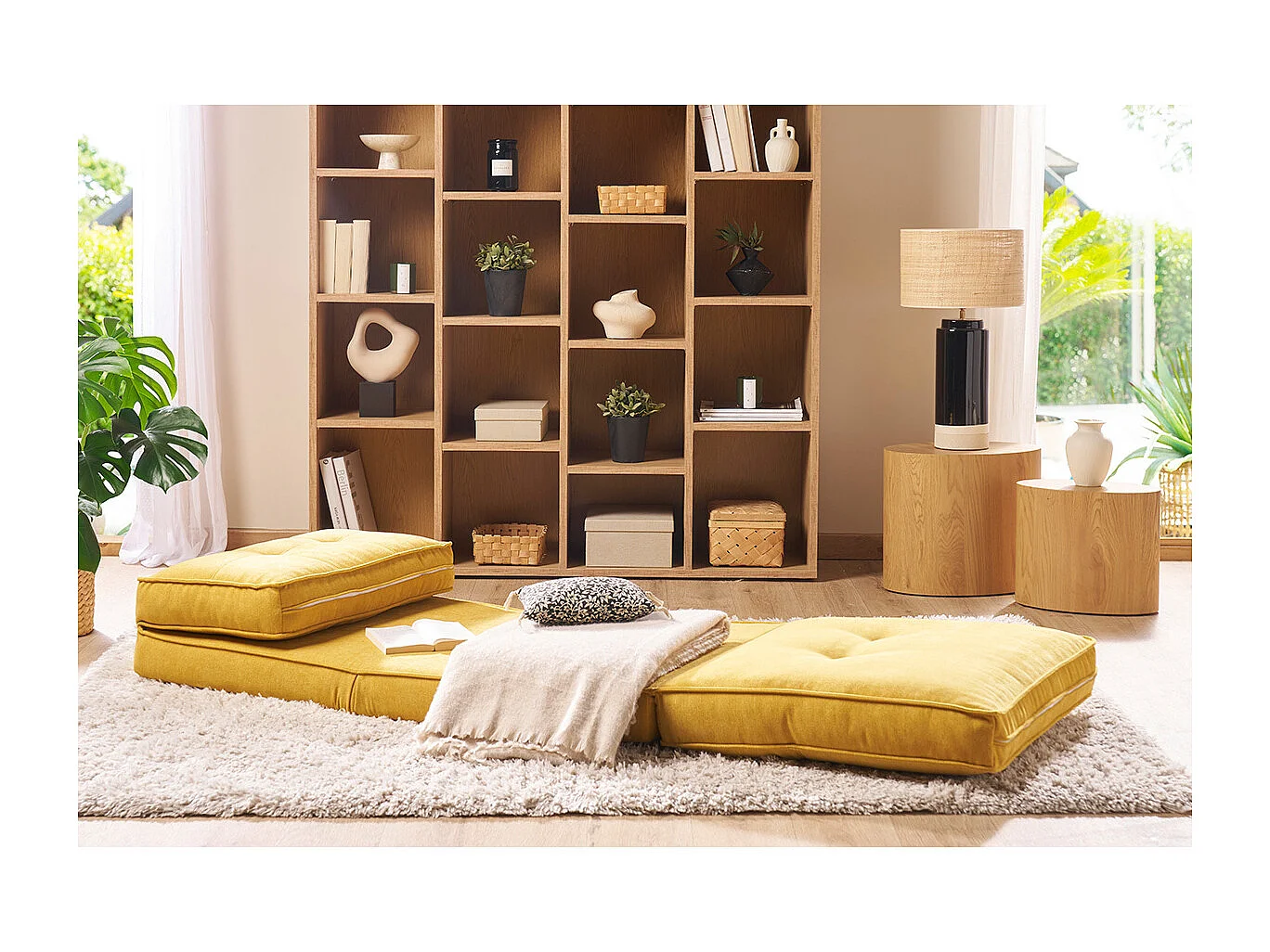 Sillón cama de 1 plaza de tejido efecto aterciopelado amarillo mostaza SALLY