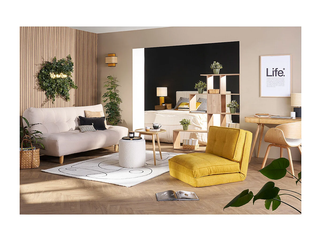 Chauffeuse 1 place convertible en tissu noir SALLY