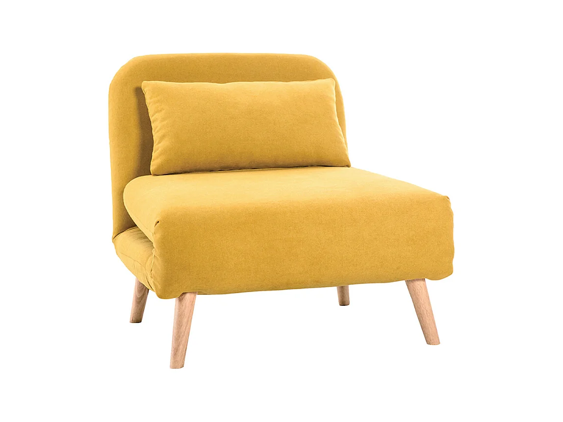 Fauteuil convertible scandinave en tissu effet velours jaune moutarde et bois clair AMIKO