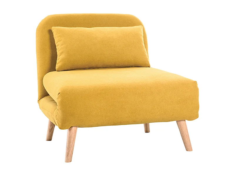 Fauteuil convertible scandinave en tissu effet velours jaune moutarde et bois clair AMIKO