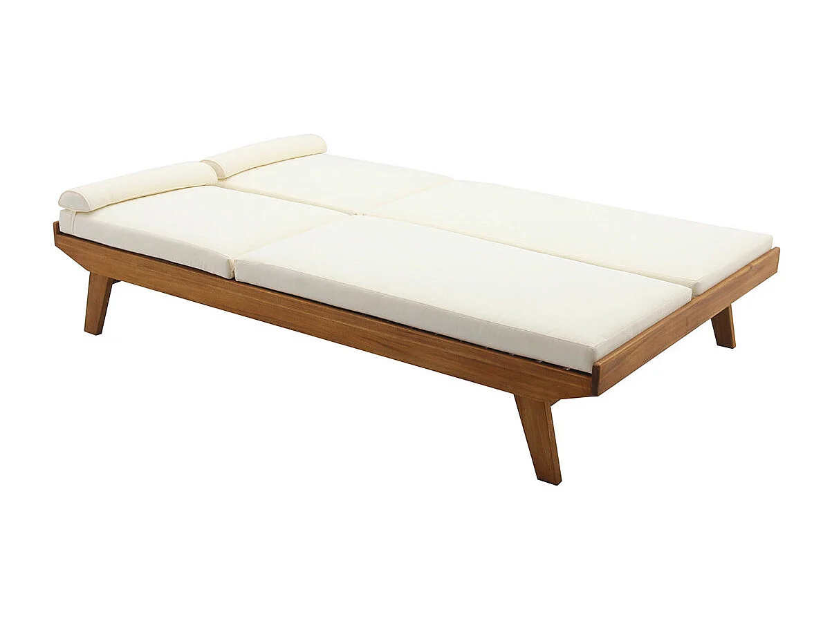 Bain de soleil double avec dossiers multipositions beige et bois massif L127 cm CARACAS