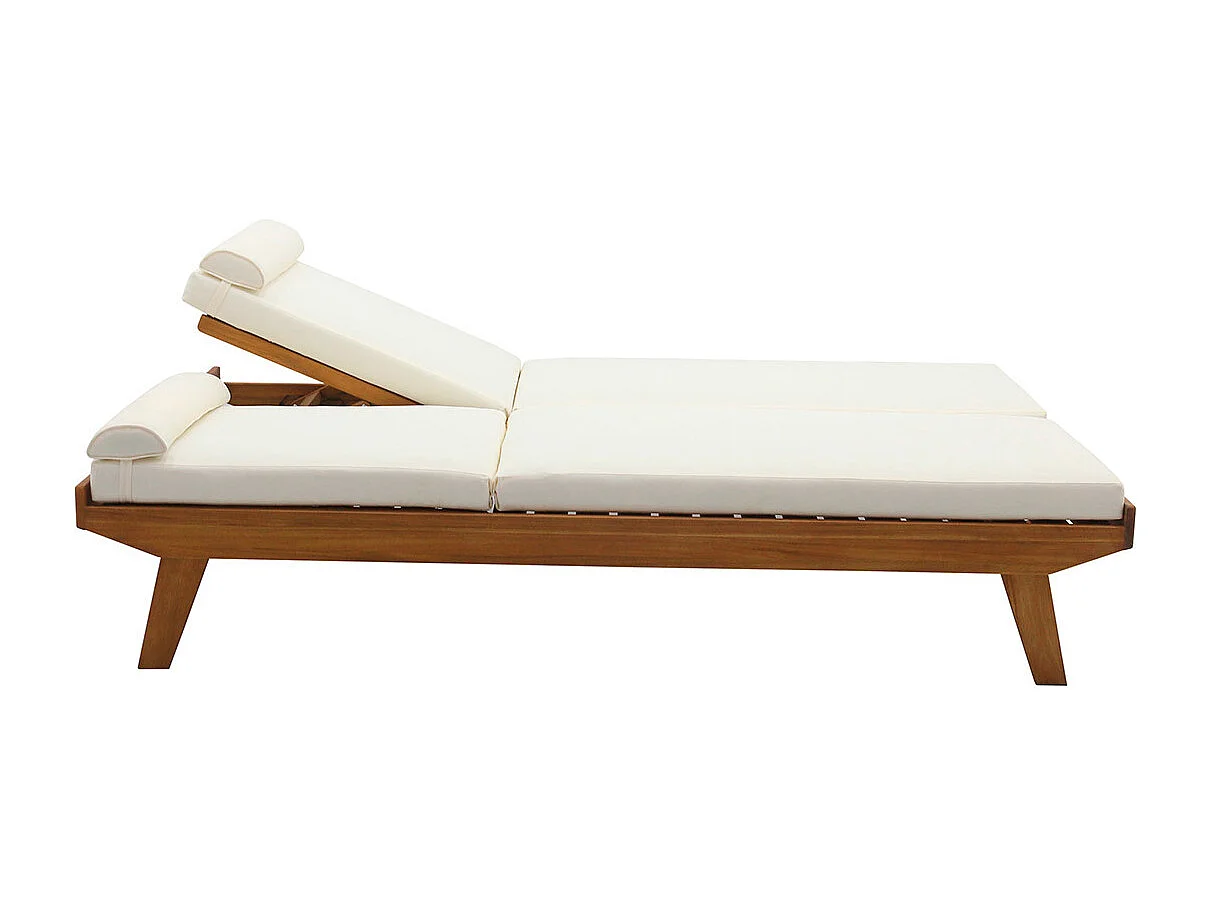 Bain de soleil double avec dossiers multipositions beige et bois massif L127 cm CARACAS