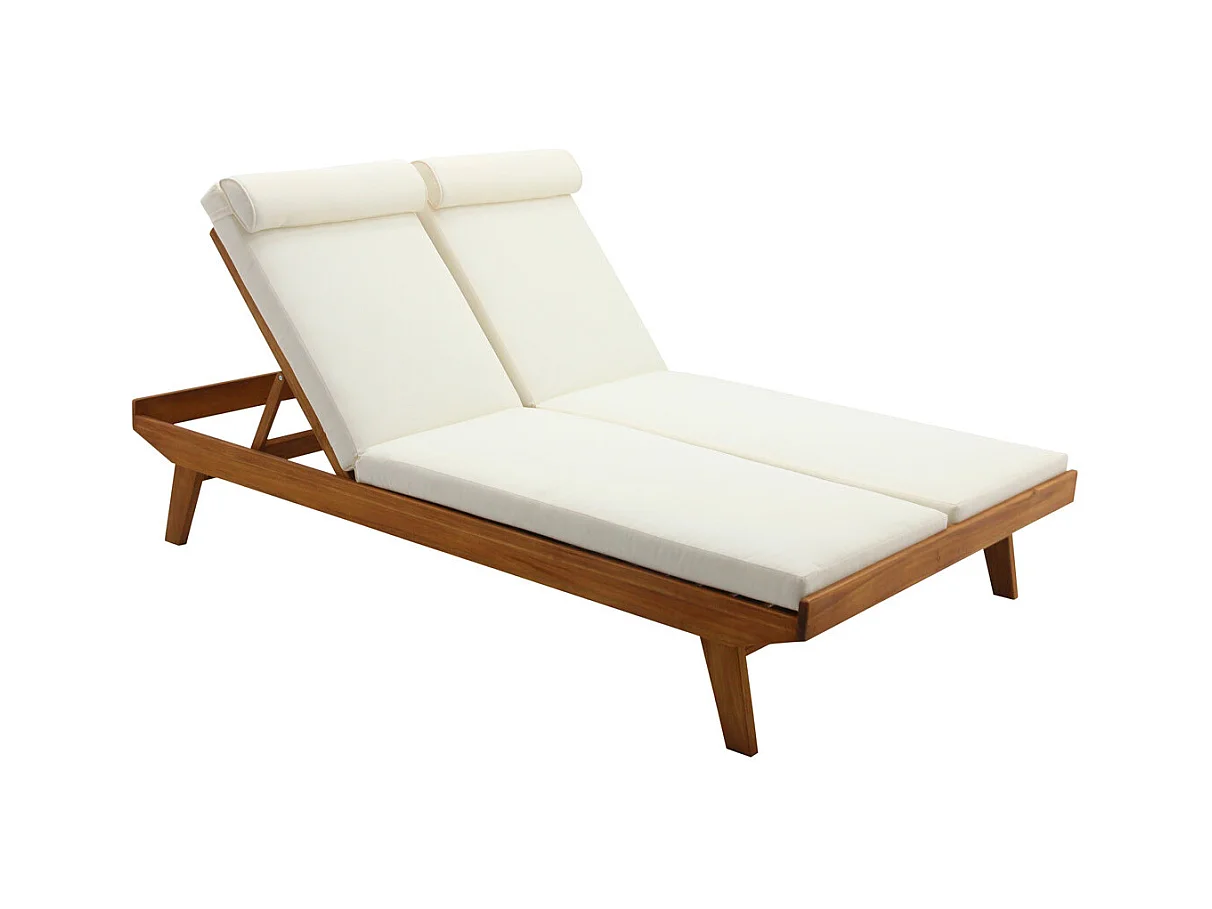 Bain de soleil double avec dossiers multipositions beige et bois massif L127 cm CARACAS