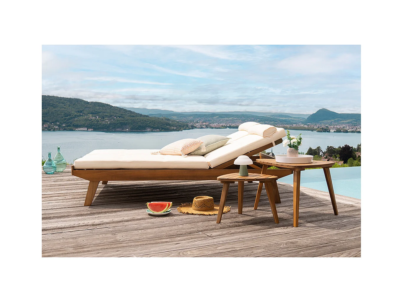 Tumbona doble con respaldo multiposición blanca y madera maciza 127 cm CARACAS