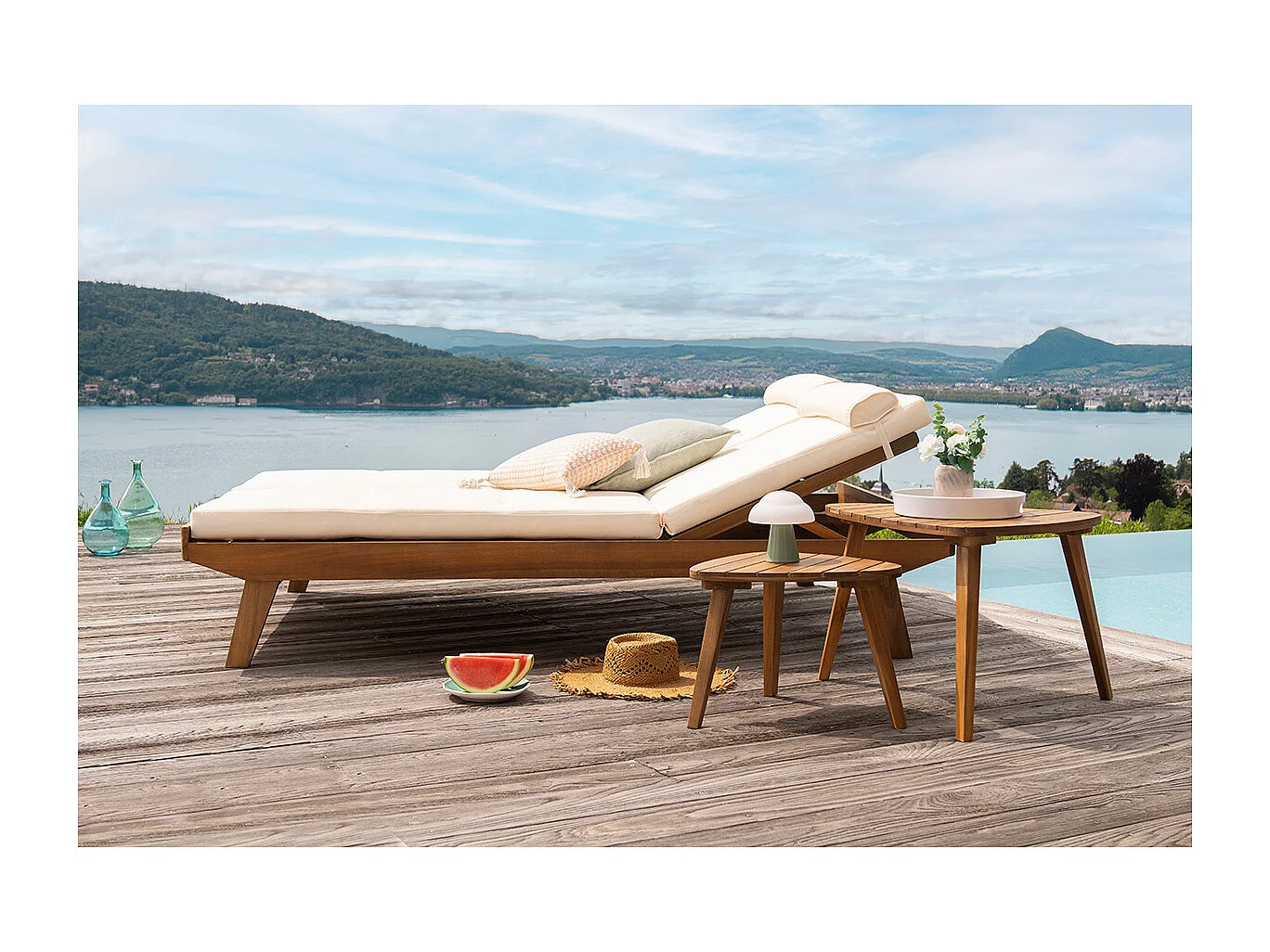 Bain de soleil double avec dossiers multipositions beige et bois massif L127 cm CARACAS