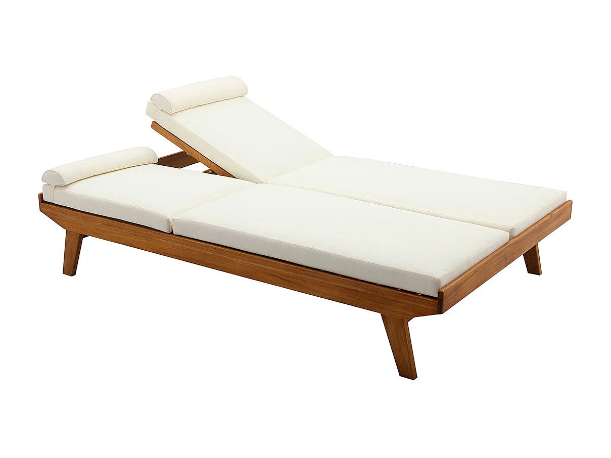 Bain de soleil double avec dossiers multipositions beige et bois massif L127 cm CARACAS