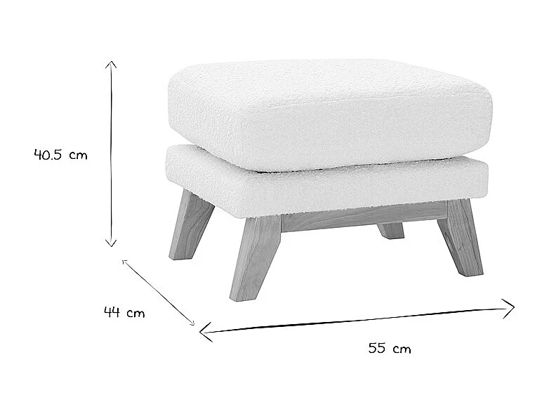 Pouf repose-pieds déhoussable scandinave en tissu effet laine bouclée blanc cassé et bois clair OSLO