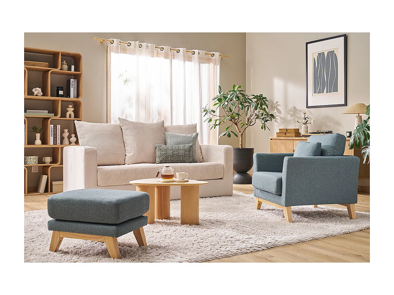 Pouf repose-pieds déhoussable scandinave en tissu vert de gris et bois clair OSLO