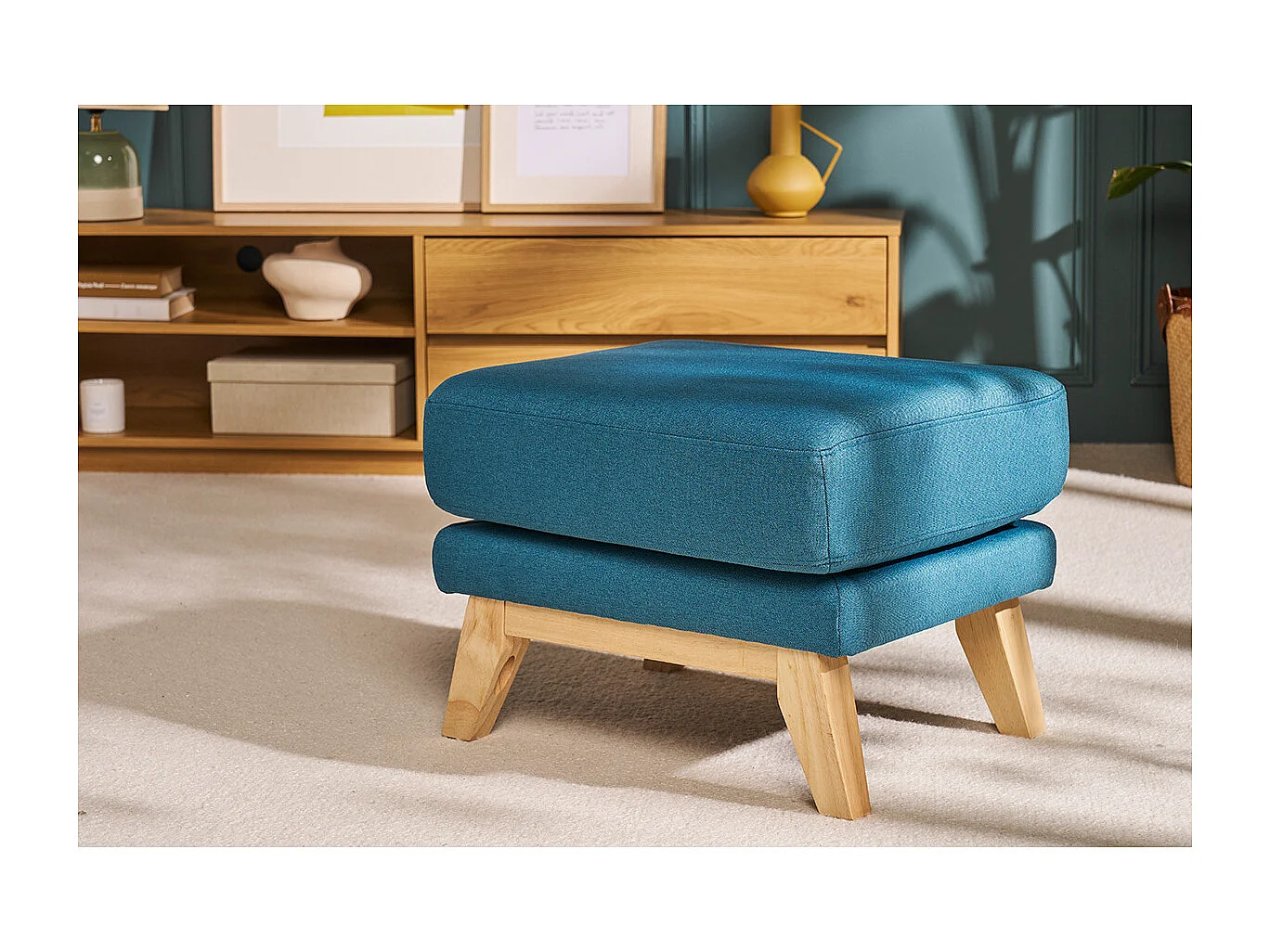 Pouf repose-pieds déhoussable scandinave en tissu bleu canard et bois clair OSLO