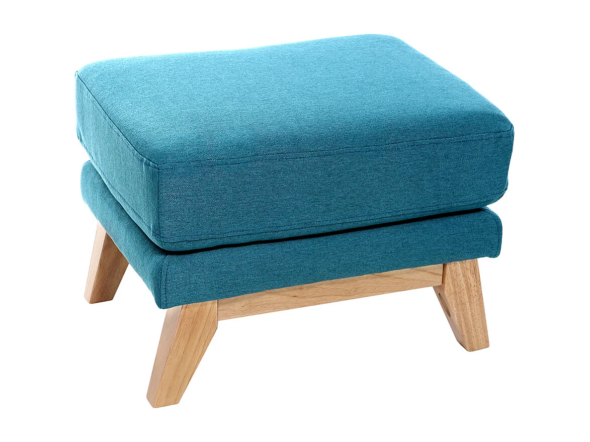 Pouf repose-pieds déhoussable scandinave en tissu bleu canard et bois clair OSLO