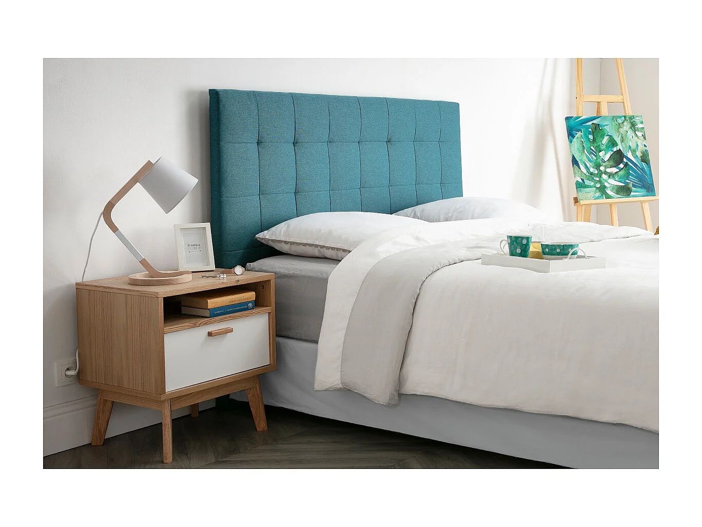 Bettkopfteil, gepolstert, aus blaugrünem Stoff, 160 cm HALCIONA