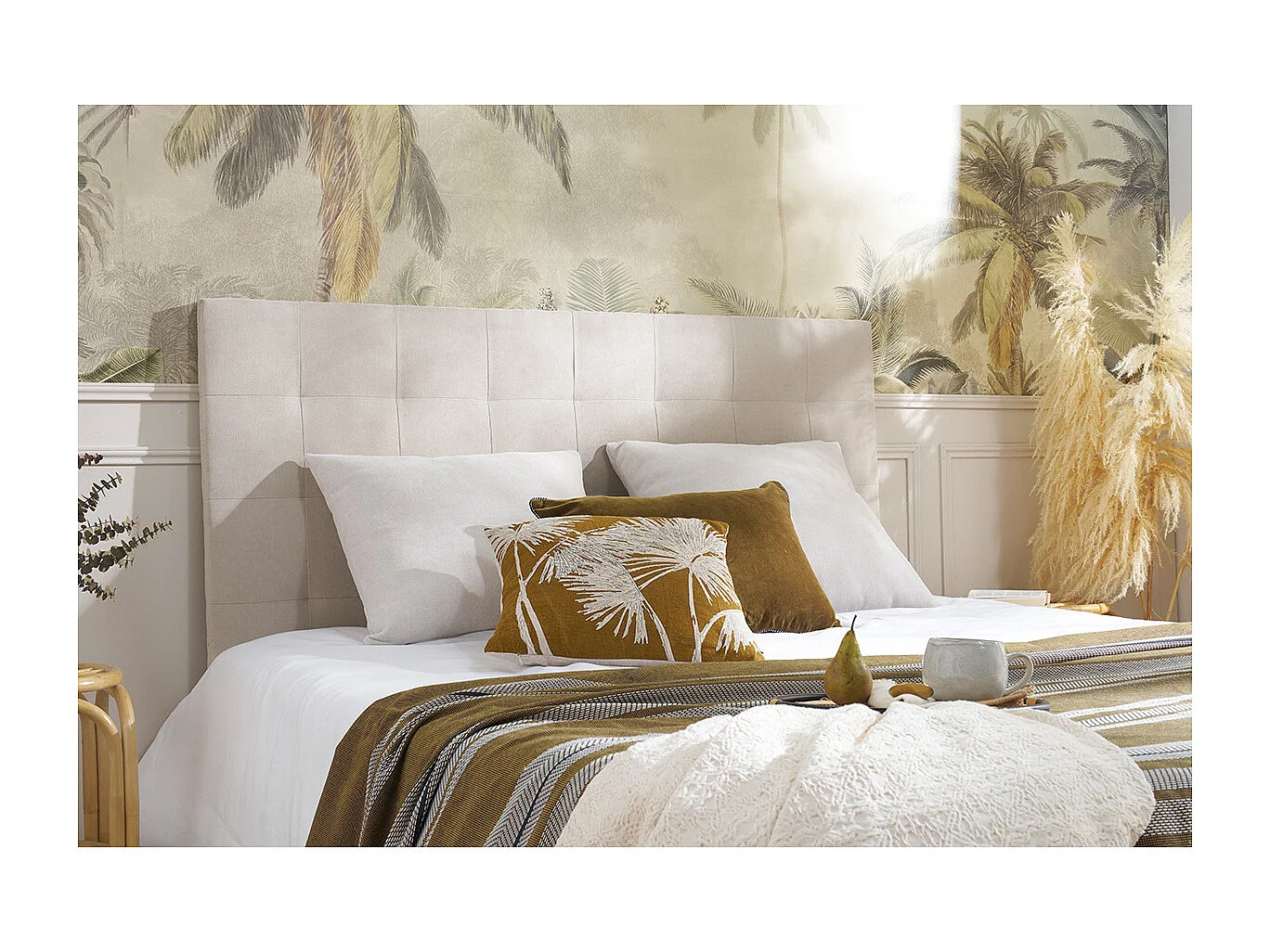 Tête de lit capitonnée en tissu beige clair naturel L180 cm HALCIONA