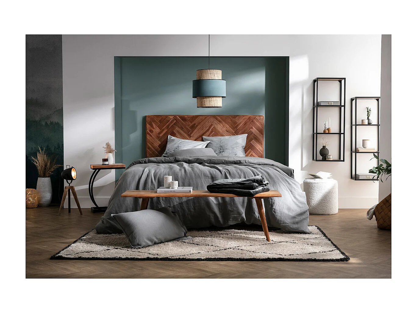 Tête de lit à motifs chevrons en bois massif et métal noir L165 cm STICK