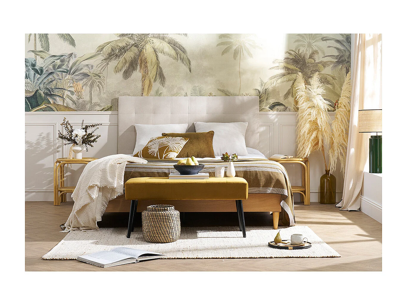 Tête de lit capitonnée en tissu beige clair naturel L160 cm HALCIONA