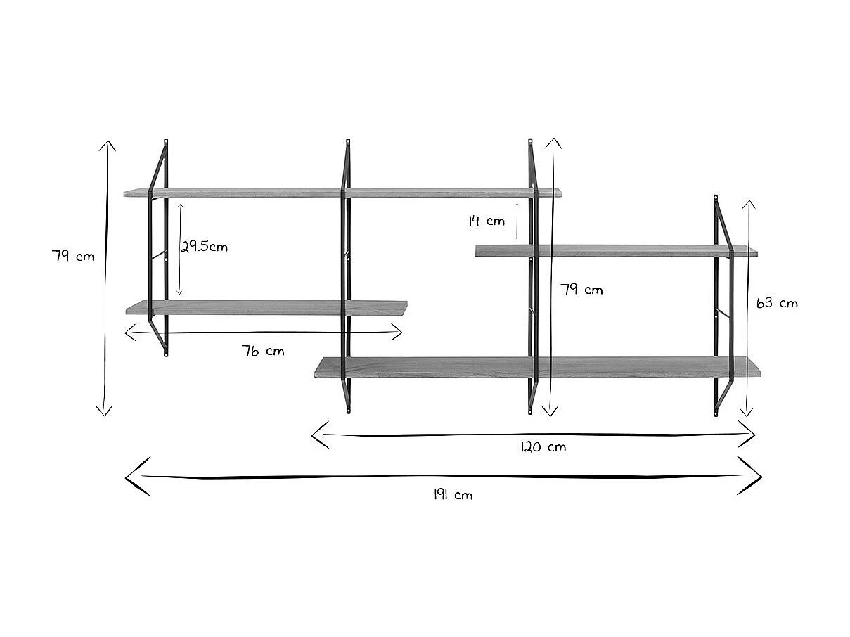 Etagère murale XL modulable en bois clair et métal noir L191 cm BRIDGE