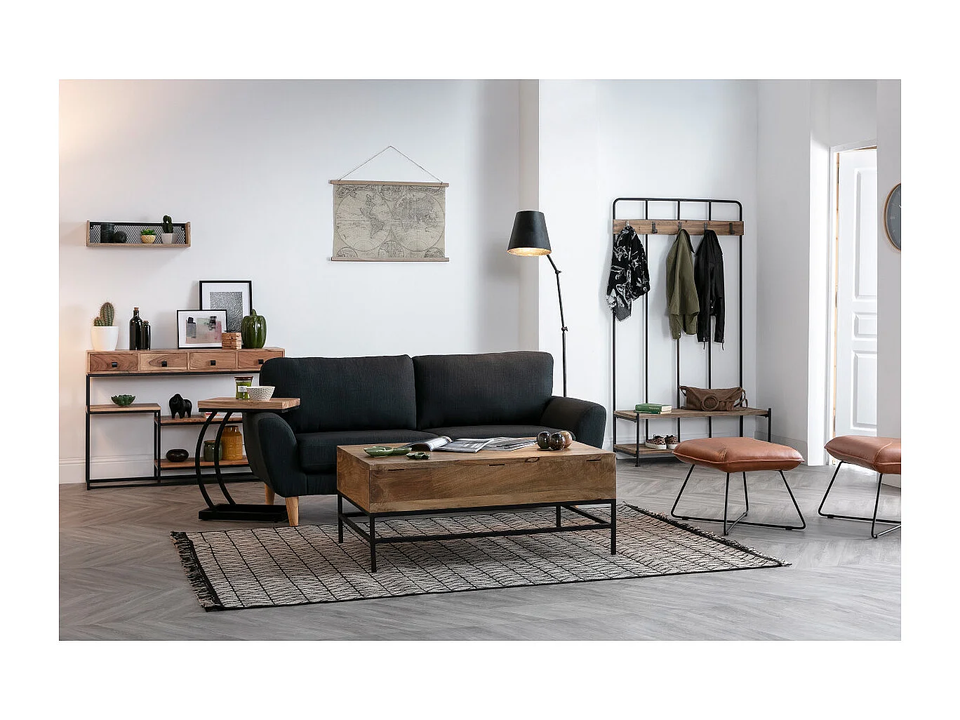 Étagère murale industrielle en bois manguier massif et métal noir L60 cm RACK