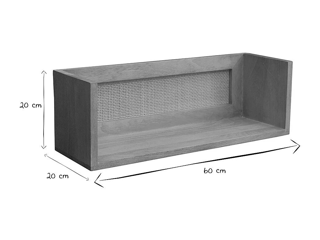 Étagère tablette murale en bois manguier massif et cannage rotin L60 cm ACANGE