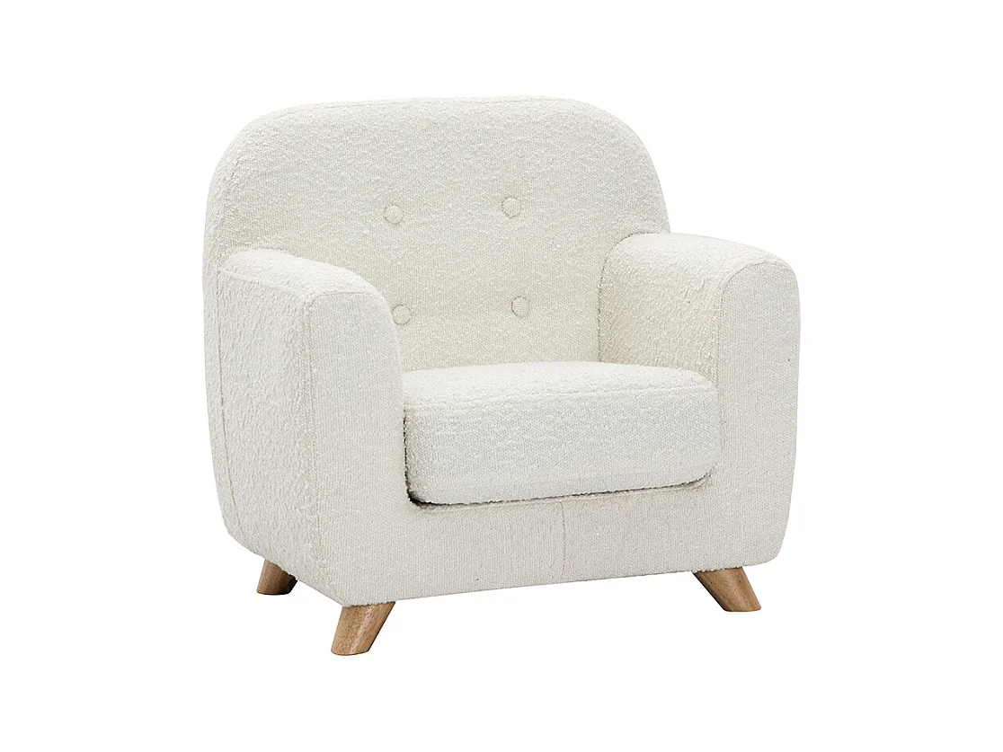 Fauteuil enfant scandinave en tissu effet laine bouclée blanc et bois clair NORKID