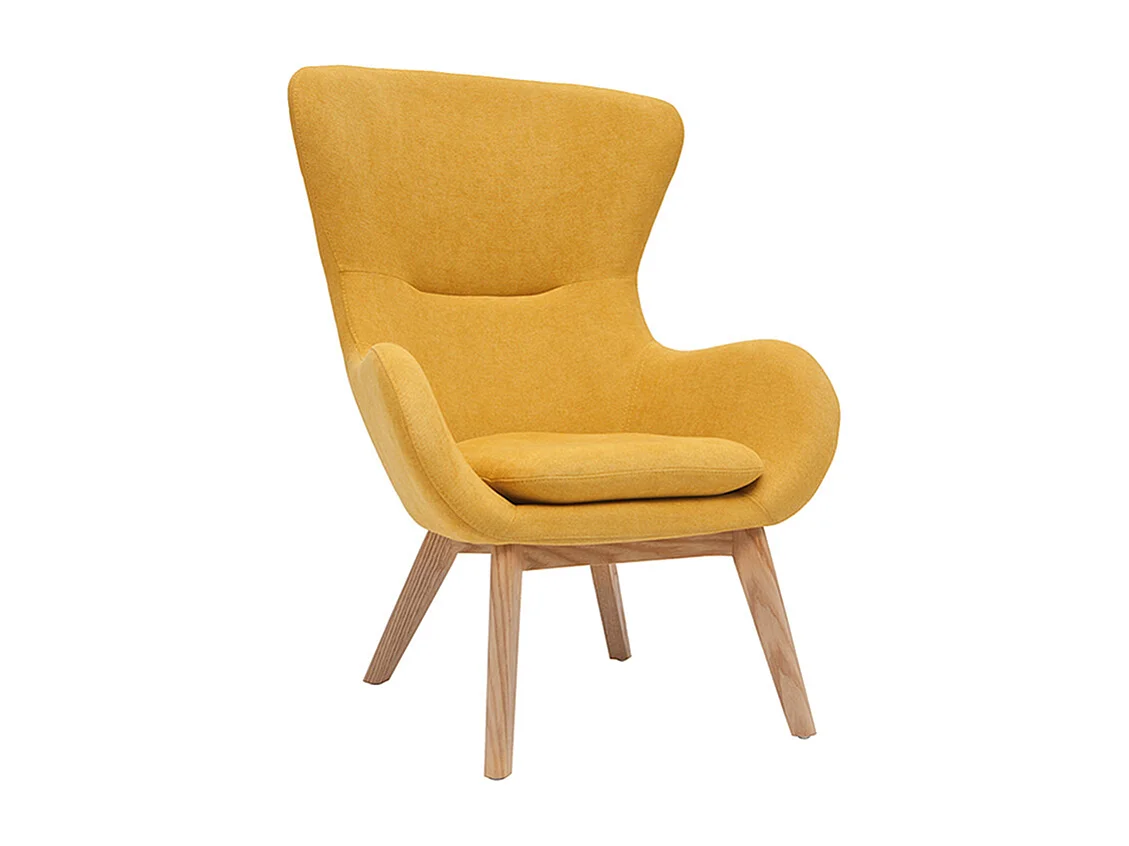 Fauteuil scandinave en tissu effet velours jaune moutarde et bois ESKUA