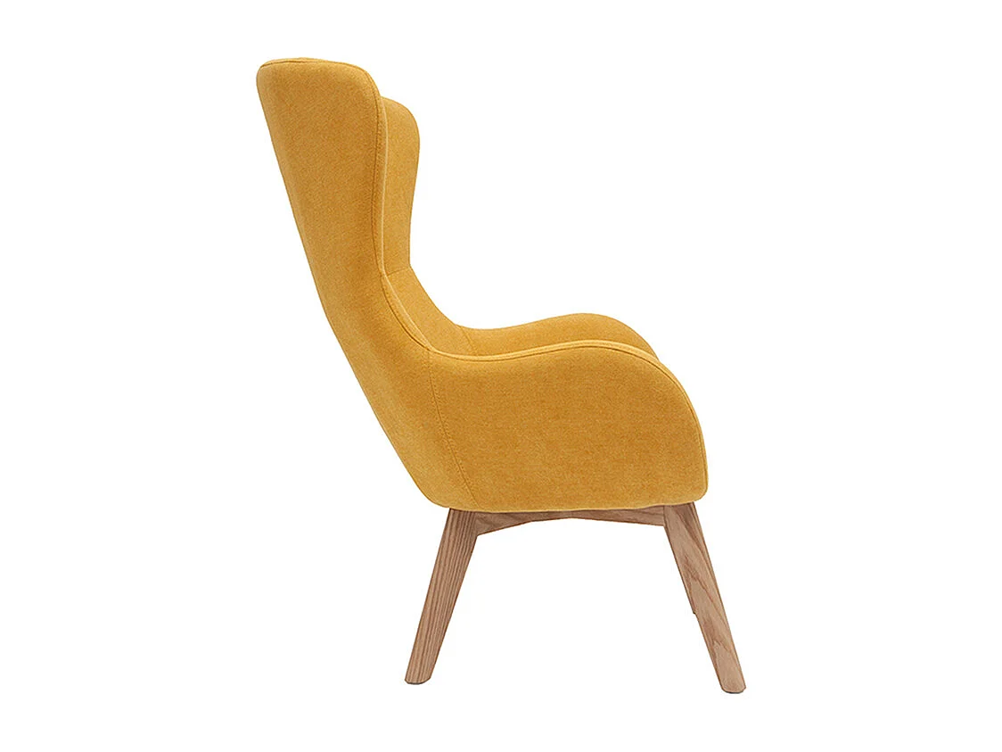 Fauteuil scandinave en tissu effet velours jaune moutarde et bois ESKUA