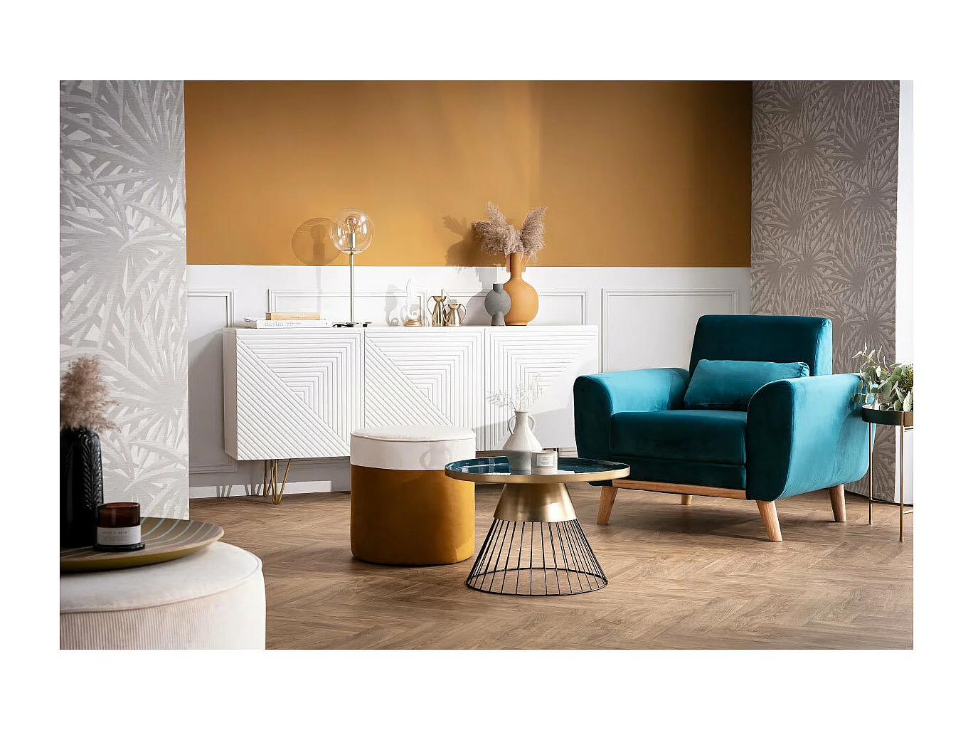 Sillón diseño tejido efecto terciopelo azul petróleo y patas roble  EKTOR