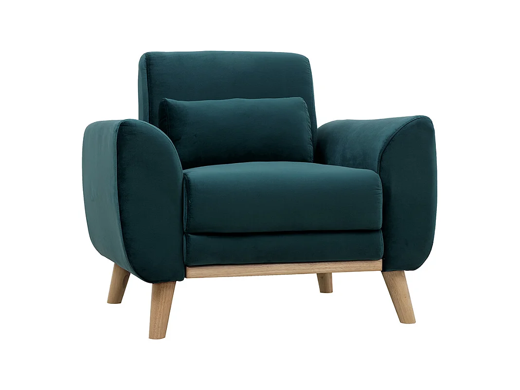 Fauteuil scandinave en tissu velours bleu pétrole et bois clair EKTOR