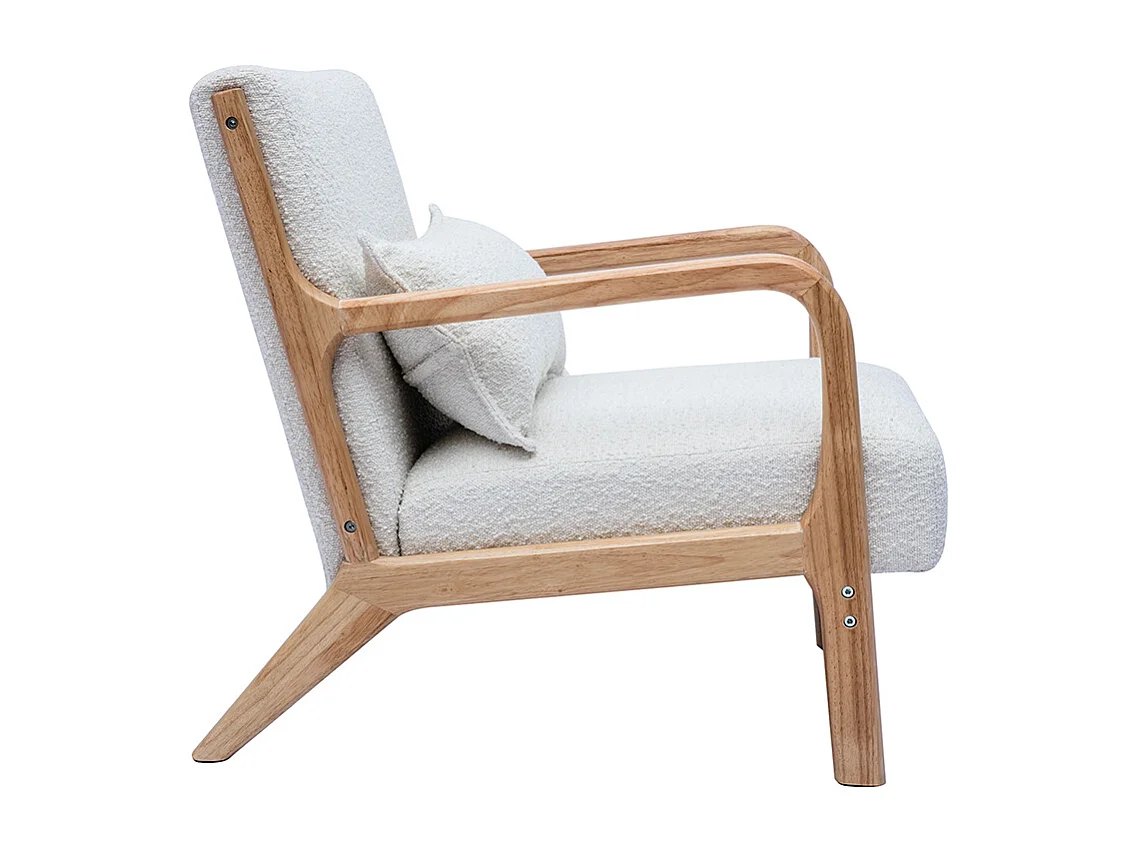 Fauteuil scandinave en tissu effet laine bouclée blanc et bois clair massif DERRY