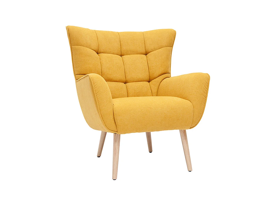 Fauteuil scandinave en tissu effet velours jaune moutarde et bois clair AVERY