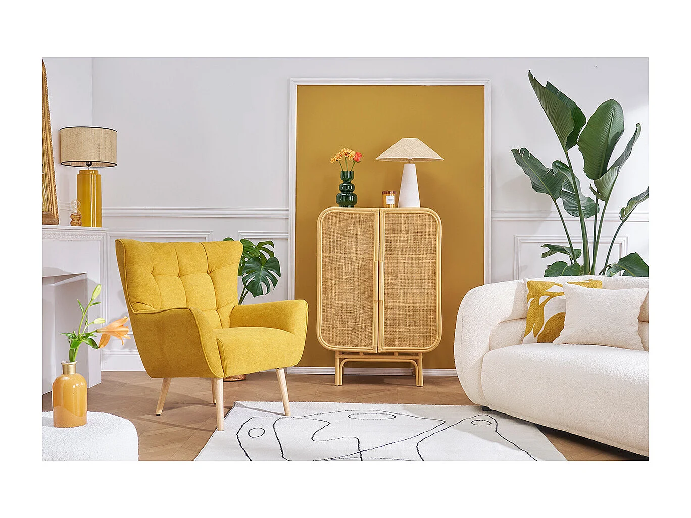 Sillón nórdico efecto terciopelo amarillo mostaza y madera AVERY