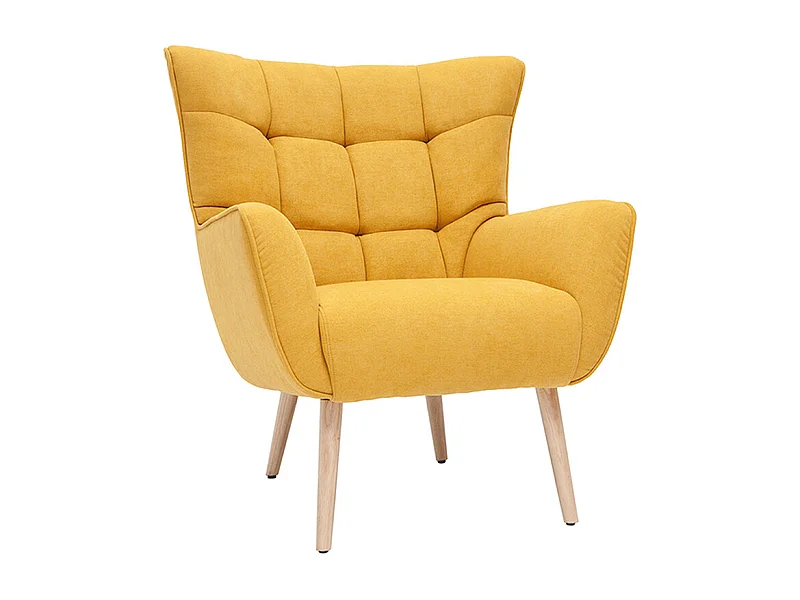 Fauteuil scandinave en tissu effet velours jaune moutarde et bois clair AVERY