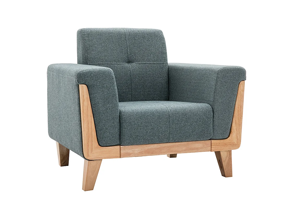 Fauteuil scandinave en tissu vert de gris et bois clair FJORD