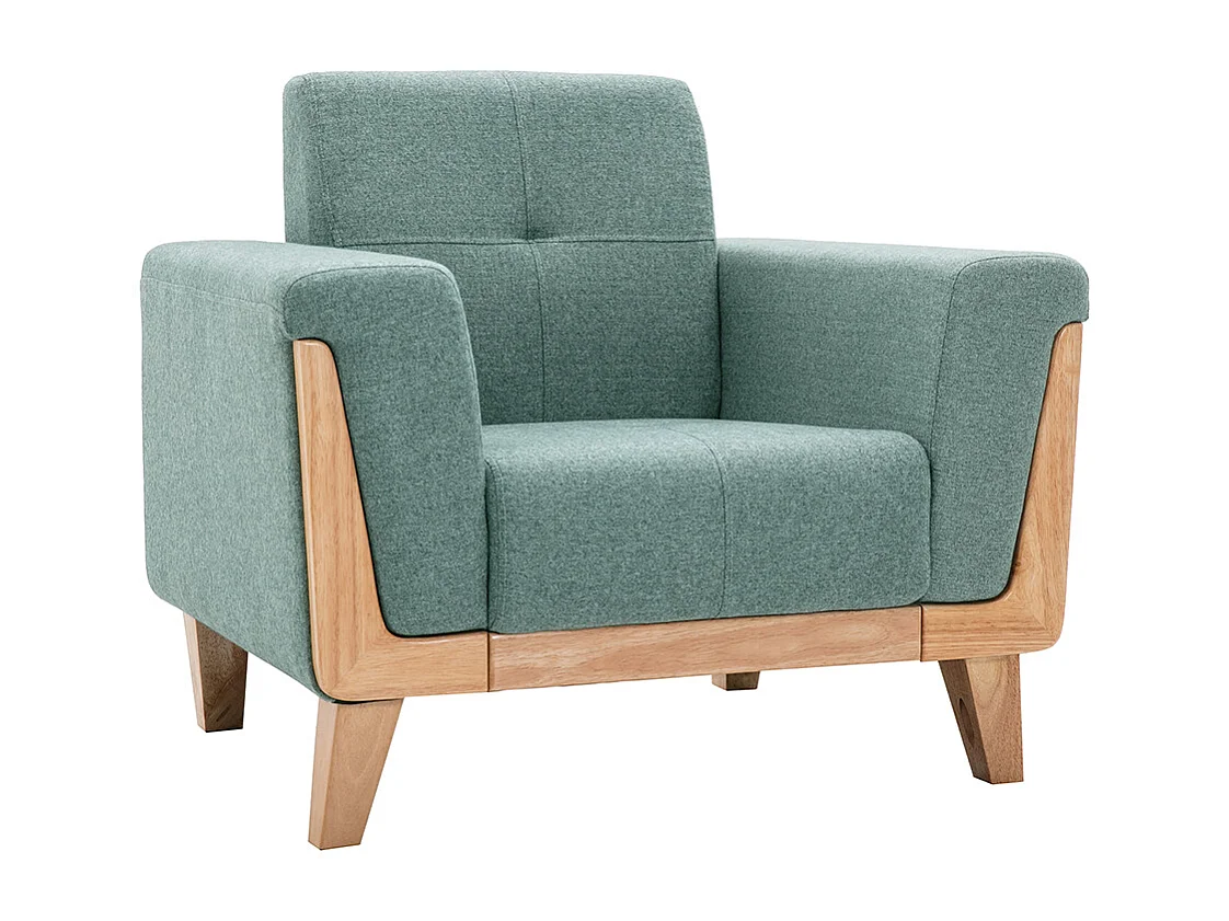 Fauteuil scandinave en tissu vert de gris et bois clair FJORD