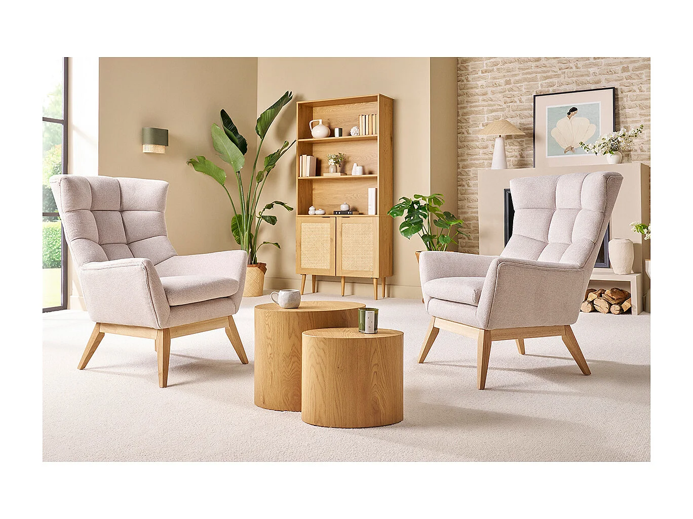 Sillón nórdico efecto aterciopelado natural con patas de madera BRODY