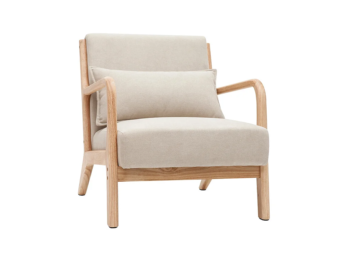 Fauteuil scandinave en tissu effet velours beige et bois clair massif DERRY