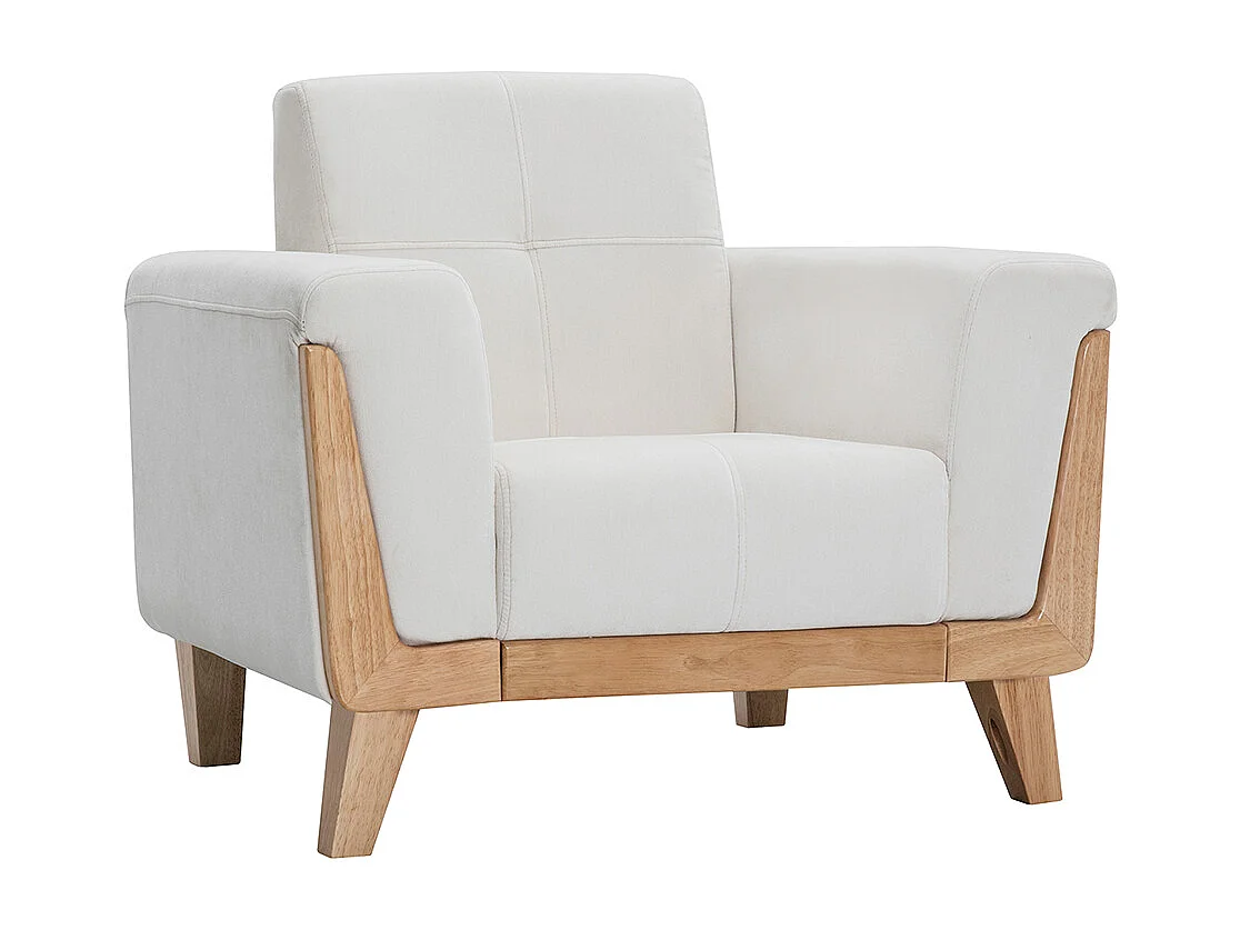 Fauteuil scandinave en tissu effet velours blanc cassé et bois clair FJORD