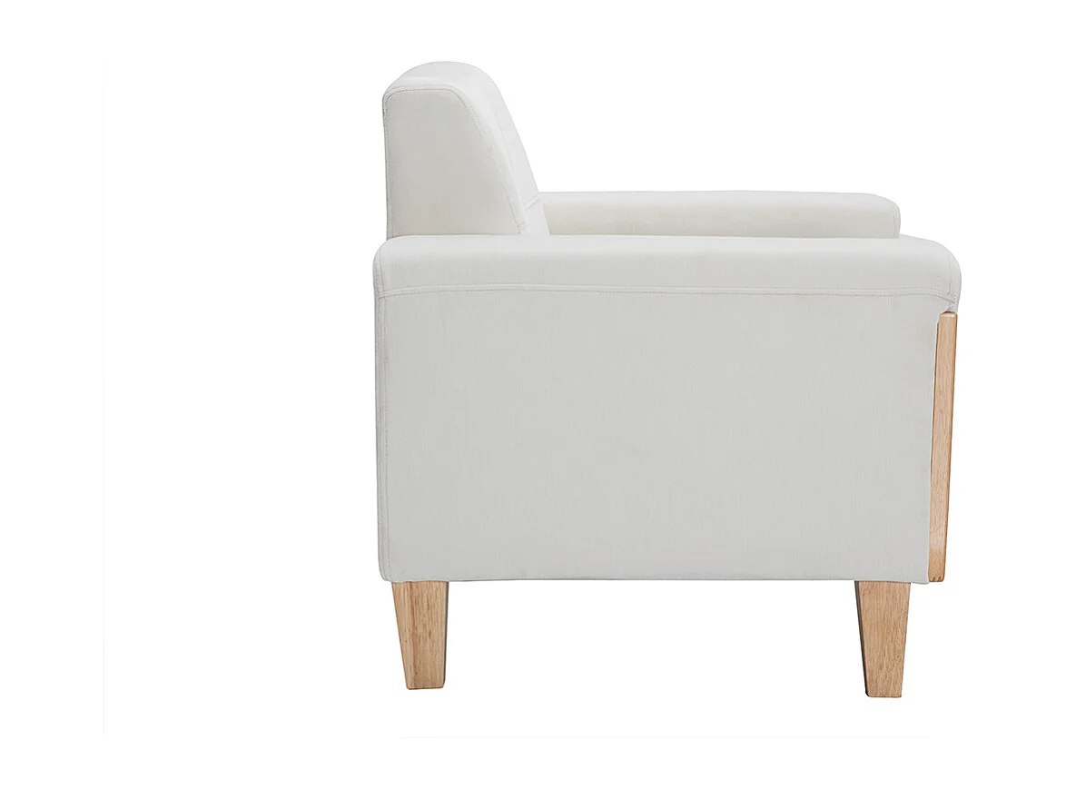 Fauteuil scandinave en tissu effet velours blanc cassé et bois clair FJORD