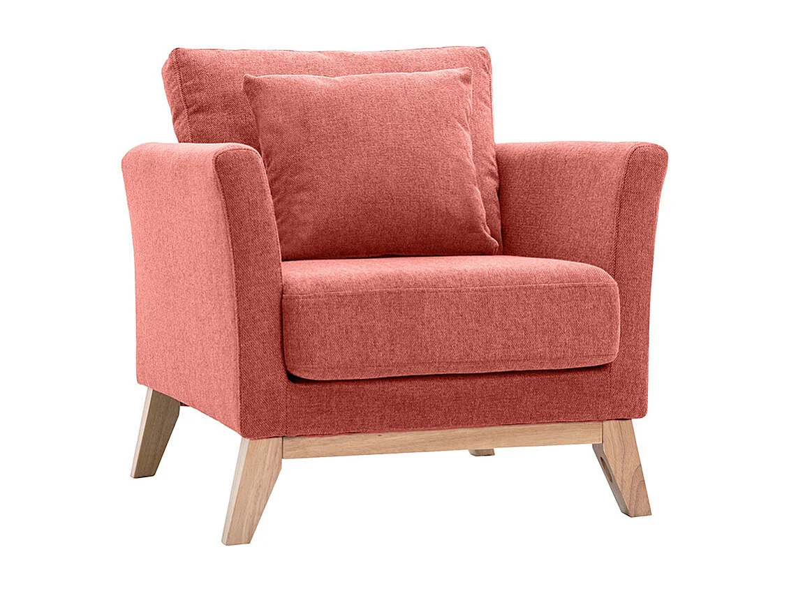 Fauteuil scandinave déhoussable en tissu effet velours texturé terracotta et bois clair OSLO
