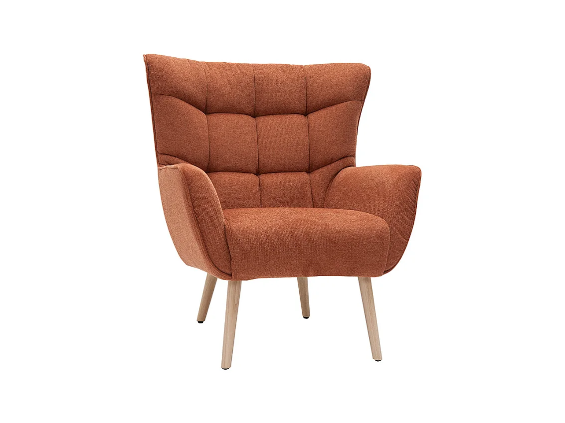 Sillón nórdico con tejido efecto aterciopelado texturizado terracota y madera de caucho maciza AVERY